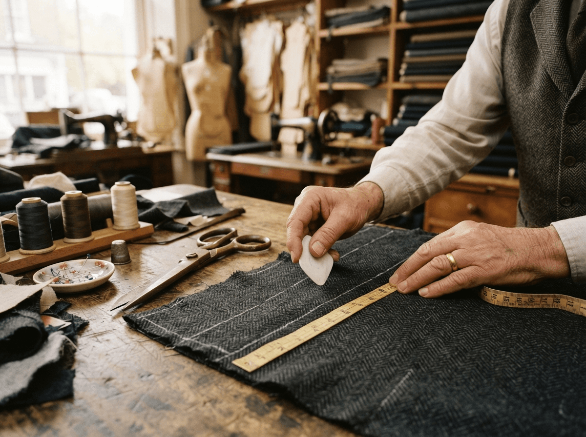 Master tailor crafting suit in Bie Hin atelier