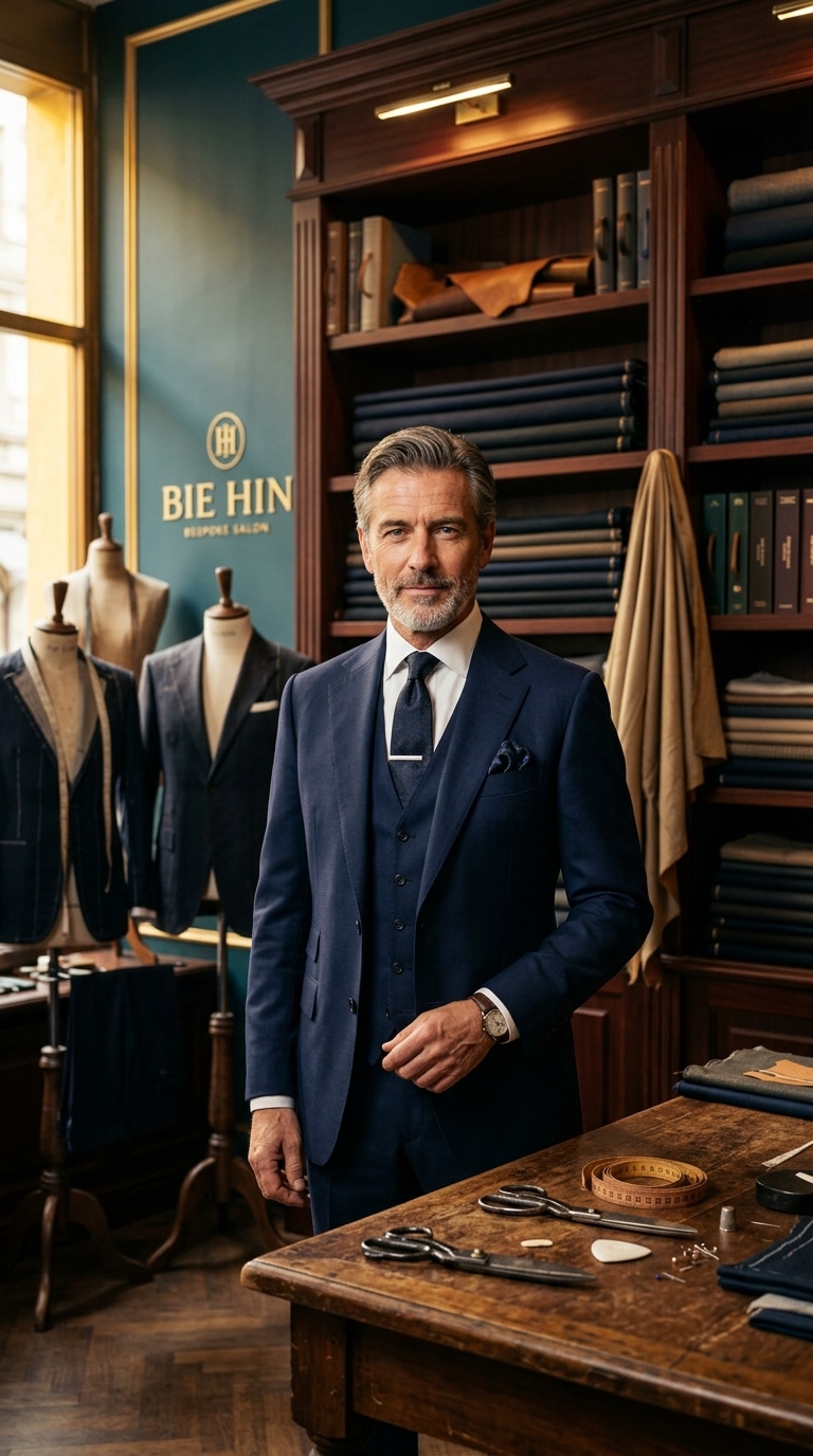 Bie Hin Tailor bespoke gentleman in salon atelier